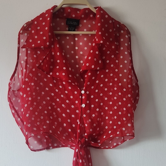 Unknown Tops - Red Chiffon Sleeveless Blouse with White Polka Dots - Size Med. Tie in the Front